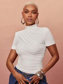 Vixey Solid Mesh Asymmetrical Ruched Mock Neck Short Sleeve Top, Elevated Casual, Casual Chic, Everyday Style, Off Duty - Beige - View 4