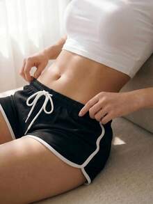 Liftille 2pcs Women Casual Sports Contrast Binding Lounge Bottom Sleep Shorts Set - Multicolor - View 3