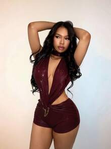 Amplova Women's Tight Burgundy Jumpsuit Backless Deep V-Neck Waist Cutout Snake Skin Pattern Stretchy Summer Club Night Out Night Rave Avant-Garde Sexy - Burgundy - View 4