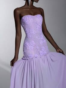 Elitara Women's Solid Color Elegant Minimalist Fashion Strapless Evening Gown Wedding Rehearsal Dinner Event Black Sequin Winter - Mauve Purple - View 2