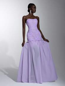 Elitara Women's Solid Color Elegant Minimalist Fashion Strapless Evening Gown Wedding Rehearsal Dinner Event Black Sequin Winter - Mauve Purple - View 3