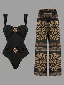 Swim Oasis Women's Summer 2-Piece Swimsuit Set With Ruched One-Piece Top, Shell Trim, Random Print Long Pants, Beach Vacation - Multicolor - View 3