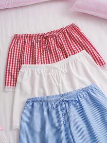 Slumberry CURVE Sweet & Cute Striped Plaid Print & Solid Color Lace Patchwork Plus Size Women's Pajama Bottoms 3pcs/Set - Multicolor - View 3