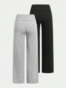 SHEIN Tween女孩雙腰帶羅紋長褲 灰色黑色 2件套，買1送1，2套 - 彩色 - 查看 6