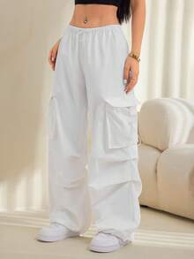 SHEIN PETITE Flip-Flap Pocket Side Cinched Waist Pants - White - View 5