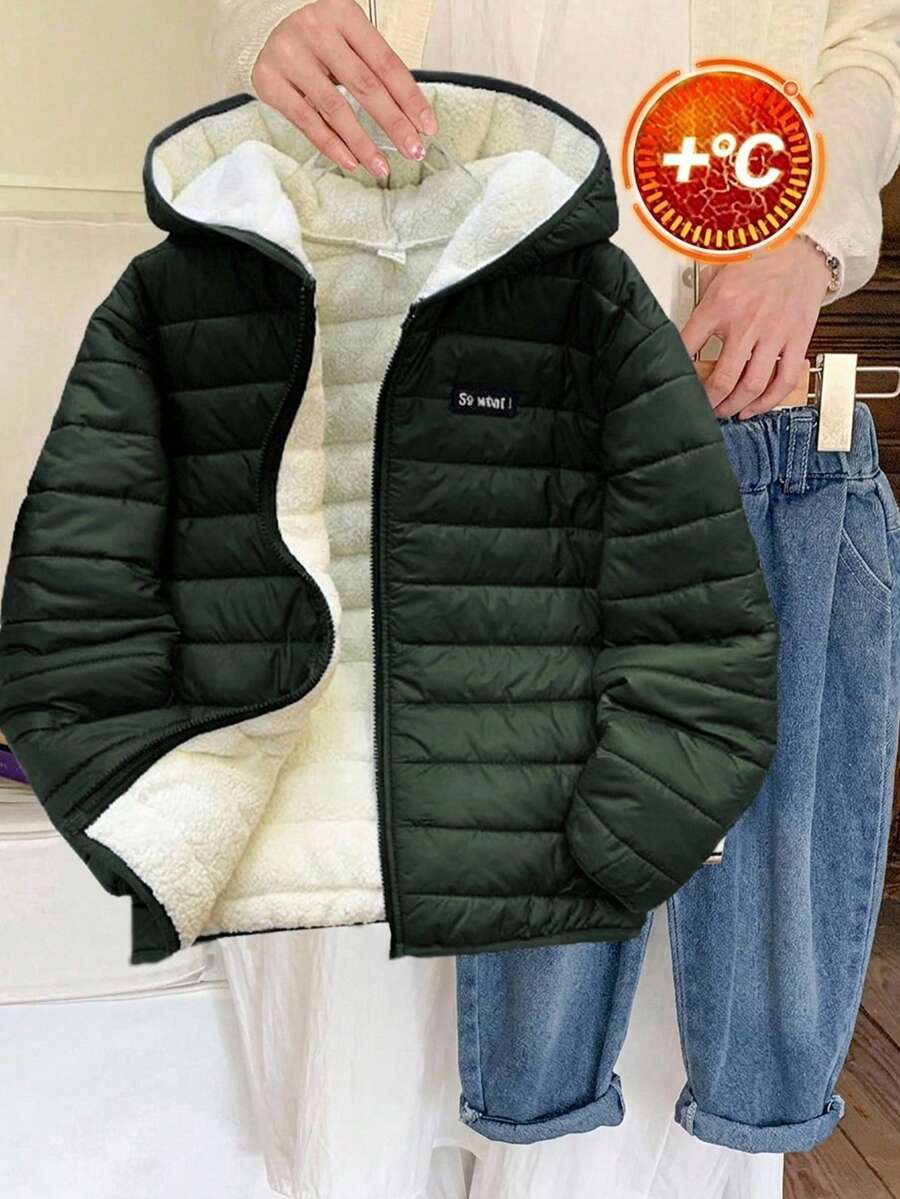 SHEIN 兒童青少年男孩休閒連帽開襟長袖梭織冬季外套連帽大衣,適合通勤、上學、日常休閒、度假旅行、運動,秋冬黑色 - 橄欖綠 - 查看 1