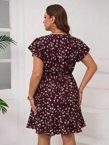 SHEIN Clasi Plus Size Casual Leopard Print Round Neck Ruffle Sleeve Dress - Red Violet - View 2