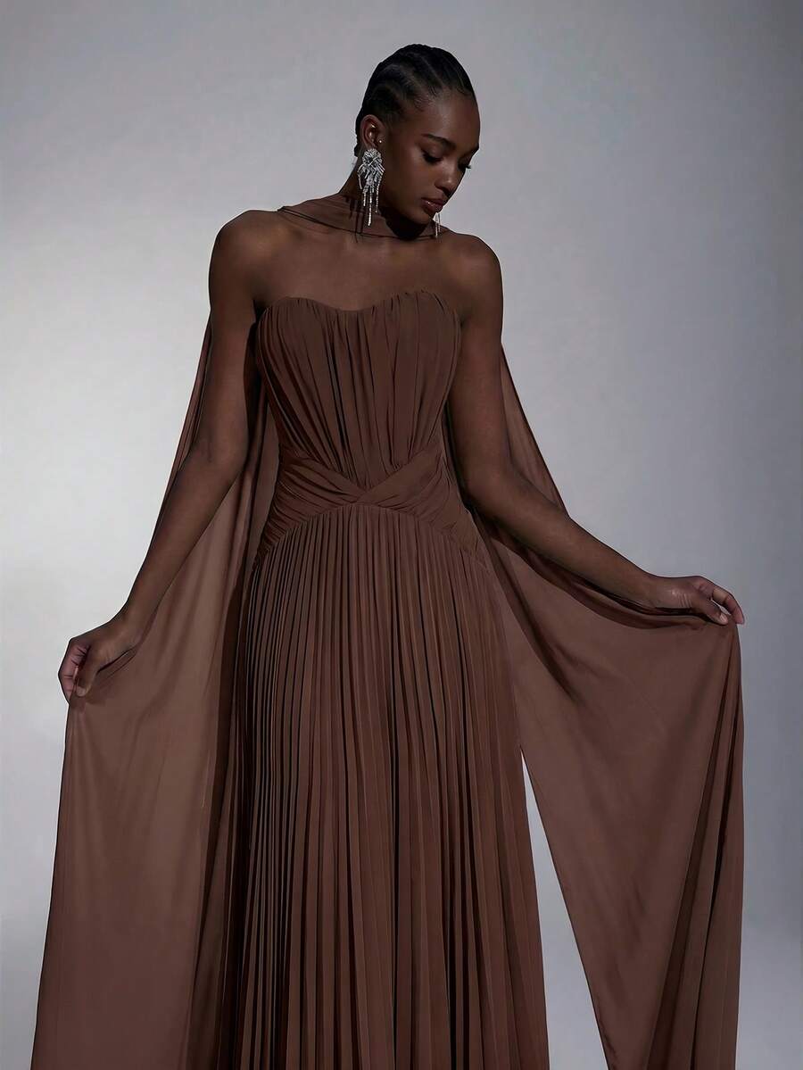 Elitara Elegant Chiffon Pleated Strapless Dress With Ruched Skirt And Train, Suitable For Date, Vacation, Evening Party - Coffee Brown - View 1
