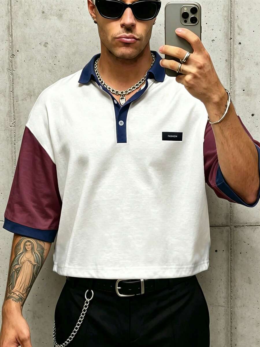 Manfinity Dauomo 休閒時尚百搭男士拼色短袖 Polo 衫 - 白色 - 查看 1