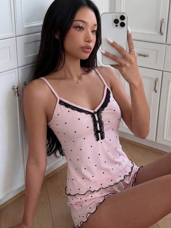 ZzzCrew Conjunto de camiseta y pantalón de pijama con lunares y encaje