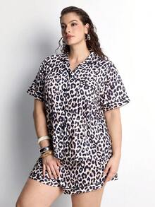 Slumbrini 2pcs Women Pajama Set, Leopard Print, Ladies Homewear, Spring/Summer Holiday Outfit, Short Sleeve Lapel Top And Shorts Can Be Worn Outerwear - Brown - View 1