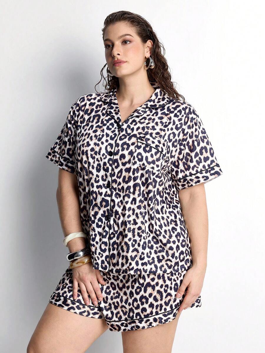 Slumbrini 2pcs Women Pajama Set, Leopard Print, Ladies Homewear, Spring/Summer Holiday Outfit, Short Sleeve Lapel Top And Shorts Can Be Worn Outerwear - Brown - View 1