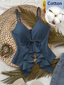 Selianne French Gentle Style Front Tie Ruffle Camisole Slim Fit Flattering Tank Top - Dusty Blue - View 6