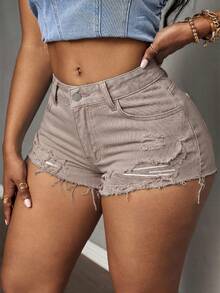 BamGleam Shorts de mezclilla desgastados y rasgados para mujer con bolsillos y dobladillo deshilachado - Caqui - Ver 2