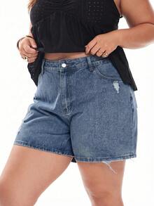 Rivivi Plus Size Summer Casual Distressed Denim Shorts - Blue - View 4