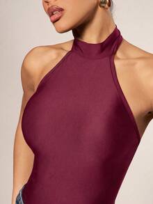 Hauture Women's Solid Color Halter Neck Slim Fit Fashion Bodysuit - Red Violet - View 7