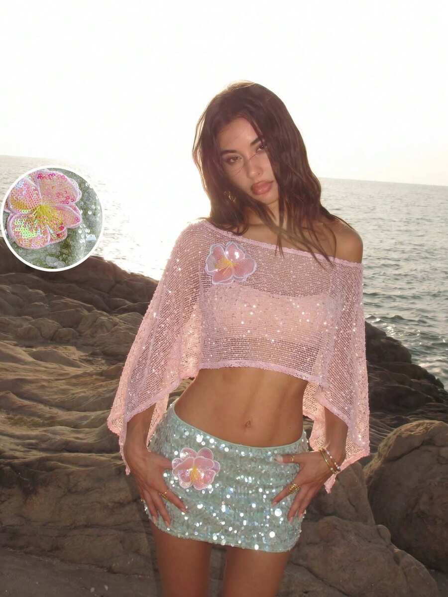 Ure Wave 女款夏季薄荷綠亮片迷你裙，性感海灘俱樂部度假風，Y2K音樂節風格，附3D花朵裝飾，內襯