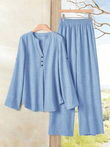 Rusticease Women's Notch V-Neck Rolled Sleeve Casual Fabric Shirt And Wide Leg Pants Set - Blue - View 6
