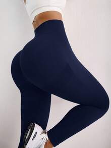 SHEIN Sports 女款大尺碼高腰無縫運動緊身褲 - 藏蓝色 - 查看 5