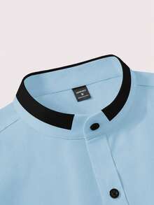 Manfinity Mode Men's Casual Business Contrast Trim Front Button Long Sleeve Shirt, Formal - Baby Blue - View 4