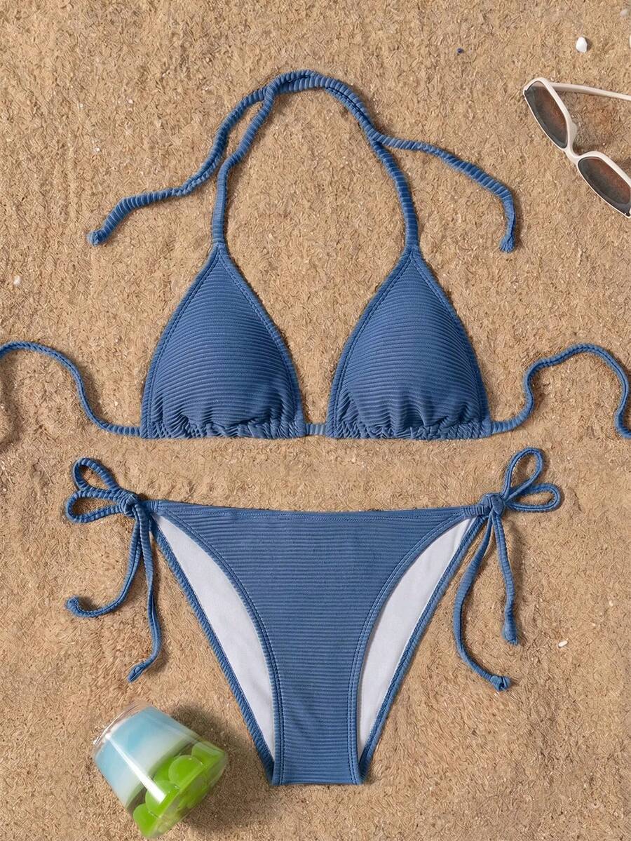 Swim Basics 女款紋理性感掛脖綁帶比基尼兩件式泳衣套裝,適合度假 - 霧霾藍 - 查看 1