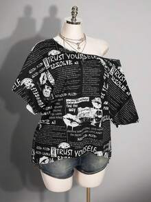 SHEIN ICON 大尺碼女款字母印花撞色不對稱肩性感T恤 - 黑與白 - 查看 9