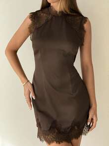 Aloruh Vestido mini ajustado para mujer de estilo boho para vacaciones, color marrón, con cuello alto, manga corta y dobladillo con patchwork de encaje - Café integral - Ver 11