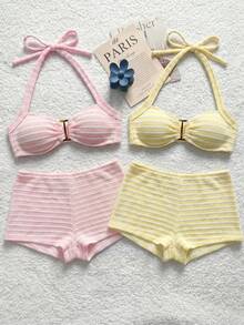 Women's Textured Pink Metal Buckle Colorblock Halter Tie Bikini Top And Shorts Swimwear 2 Pieces Set 4pcs Beach Swim Summer Cute - Pink - View 1