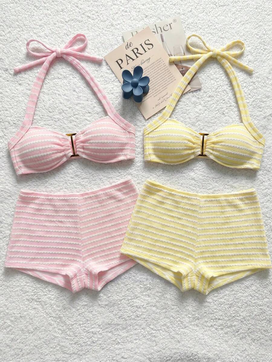 Women's Textured Pink Metal Buckle Colorblock Halter Tie Bikini Top And Shorts Swimwear 2 Pieces Set 4pcs Beach Swim Summer Cute - Pink - View 1