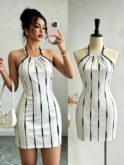 Breezaya Elegante abito da pendolare alla moda, abito in maglia sexy con schiena scoperta, colore a contrasto, arricciato, collo all'americana con laccio, abito minimalista con stampa a righe a contrasto, abito aderente con vita stretta, corto, per primavera, estate, autunno e inverno per donne, abbigliamento casual quotidiano alla moda da strada, outfit romantico per appuntamenti e vacanze, abito estivo