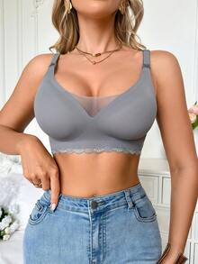 Moonlight&Mama 1pc Solid Color Lace Trim Mesh Seamless Maternity Underwear - Dark Grey - View 5