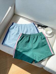 SHEIN 女嬰編織純色修身休閒下裝 2件套 - 淺藍色 - 查看 2
