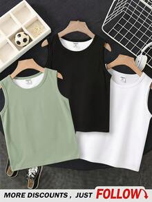 [Random 6 PCS, Send 3 PCS] 3pcs Young Boy Casual Comfortable Tank Top Set, Suitable For Spring & Summer Squishy Graduation Game Boy Graduatione Vacation Streetwear Holiday Boho Festival Casual Cozy - Multicolor - View 2
