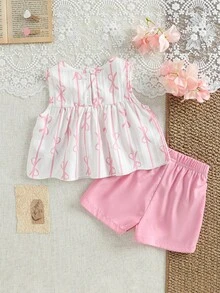 SHEIN Baby Girl Summer Round Neck Sleeveless Bow Print Top With Solid Color Elastic Waist Loose Shorts Sweet Cute 2pcs Set - Multicolor - View 3