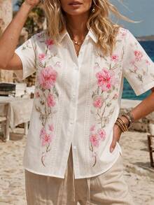 Balvessa Damen Bluse für Frühling/Sommer mit Umlegekragen, einreihig, Spitzen-Patchwork, Blumenmuster, lockere Passform, Kurzarm - Verschiedenfarbig - Übersicht 6