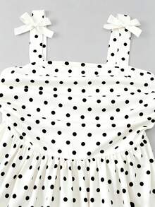 Elladie kids 女童時尚優雅黑色波點 3D 軟蝴蝶結肩帶抓皺洋裝，春夏新款，適合外出、晚宴與活動 - 白色 - 查看 3