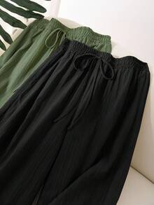 SHEIN Tall CURVE 两件套加大码纯色扭结口袋休闲宽松裤套装 - 彩色 - 查看 5