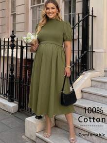 Plussiva Plus Size Maternity Vacation Textured Pleated Puff Sleeve Fashion Dress Photoshoot Summer Elegant Casual Baby Shower - Army Green - View 3