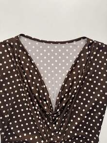 Gownix Brown And White Polka Dot Print Cowl Neck Ruched Short Sleeve Top Office Summer Elegant - Mocha Brown - View 3