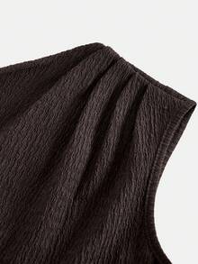 SHEIN Tween女孩春夏新款針織咖啡色百褶休閒通勤優雅單肩垂領連身褲，適合居家與戶外、旅行機場、休閒日常穿著、校園穿著 - 棕色 - 查看 4