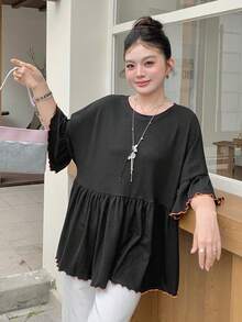 Dazy Plus Plus Size Colorblock Contrast Stitching Flared Sleeve Casual College Style Versatile Black Short Sleeve T-Shirt For Girls Summer - Black - View 6
