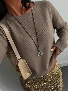DAZY Autumn Winter Spring Fashion Khaki Round Neck Basic Knit Long Sleeve Women's T-Shirt - Khaki - View 10