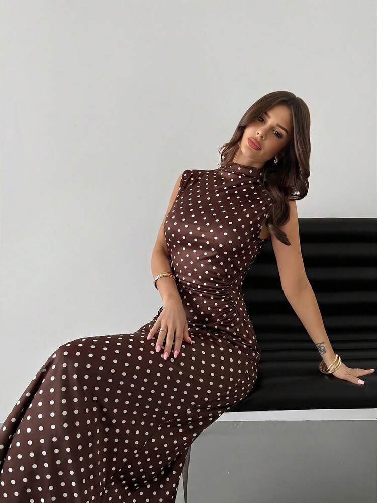 Firerie Valentine's Day New Minimalist 70s Retro Elegant Romantic Date Party Daily Commute Brown And White Polka Dot Small Stand Collar Sleeveless Long Dress - Multicolor - View 3