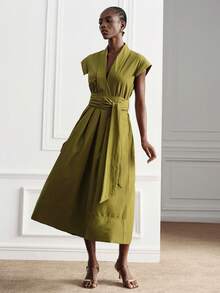 Aveloria Modichic Women's Dress Slim A-Line Midi Deep V Neck Tie Waist Cap Sleeve Pleated Elegant Minimalist Vintage Olive Green For Party Brunch Office Garden Summer - Olive Green - View 4