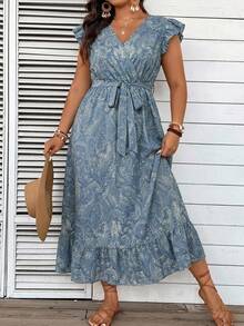 SHEIN VCAY Vestido elegante de talla grande para mujer con estampado de anacardo y mangas volantes para vacaciones - Azul - Ver 5