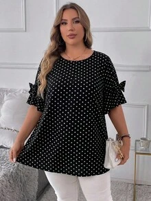 SHEIN CURVE+ 大尺碼夏季休閒波點印花蝴蝶結裝飾襯衫 - 黑與白 - 查看 8
