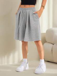 SHEIN PETITE 女款春夏街頭風度假日常穿著返校休閒運動基礎款寬鬆低腰百慕達跨襠褲 - 灰色 - 查看 4