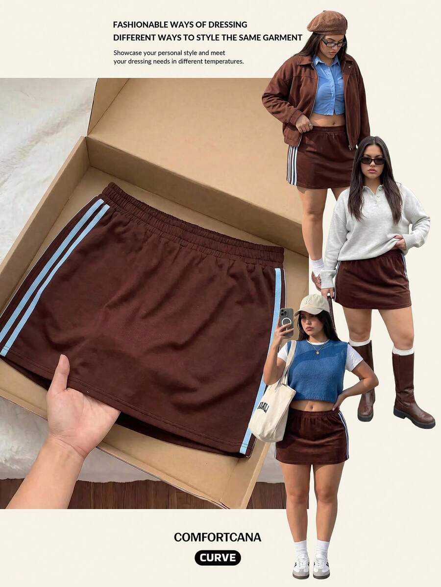 Comfortcana Damen Große Größen Lässig Vintage Amerikanischer Sportlicher Stil Seitenstreifen Braun Strickrock, Elastischer Bund Rock - Braun - Übersicht 1