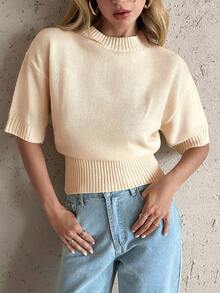 Privoire Fashion Slim Fit Ribbed Crew Neck Women's Knit Sweater - Apricot - View 4