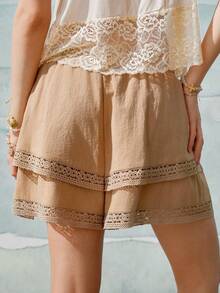 SHEIN Holidaya Women's 100% Cotton Drawstring Waist Summer Shorts,Beige Casual Beach Vacation Holiday Outfit,Elegant Solid Color Comfy Boho Shorts,Spring Clothing - Khaki - View 2